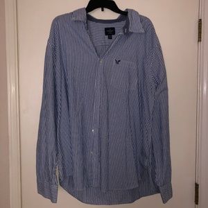 Blue and White Long Sleeve Button Down Top